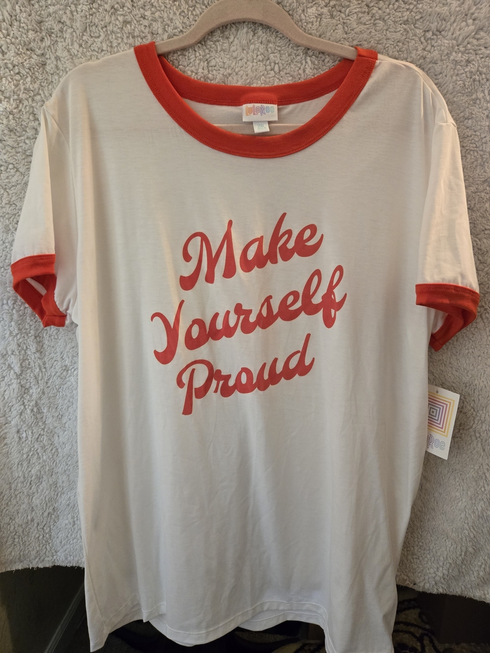 LuLaRoe White Tee with Red Script Ringer